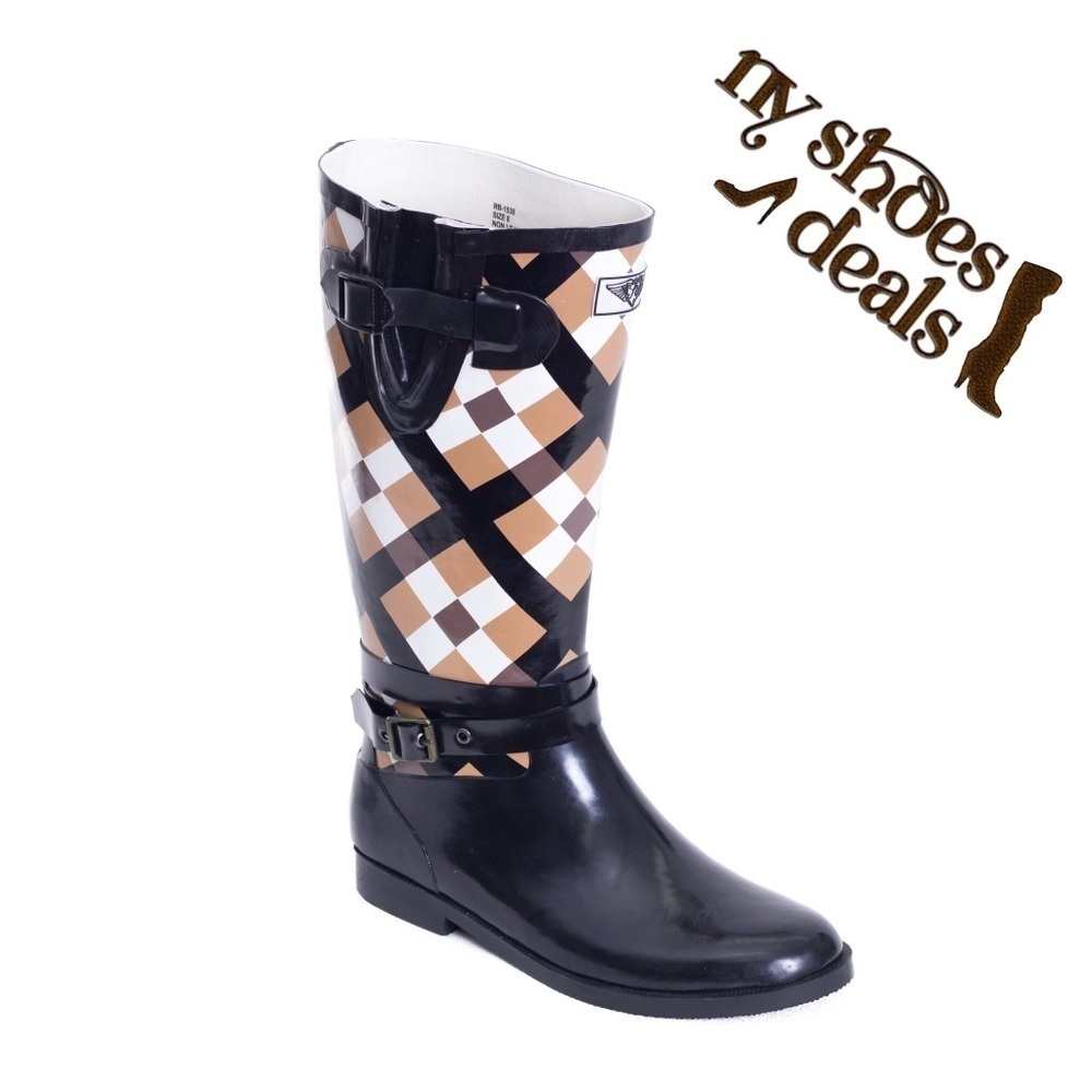 Women Rubber Rain Boots, Brown Checkers Garden Rainboots. NEW